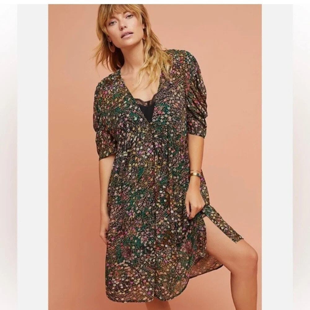 ANTHROPOLOGIE Akemi & Kin Dark Floral Dress Duster V Neck Artsy Sheer Size Small